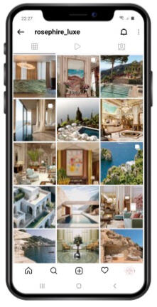 Curated Instagram feed for Rose Sphire Luxe that embodies the chic and high-end aesthetic, while also hinting at summer vibes